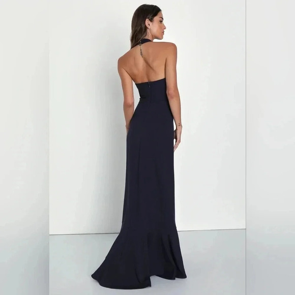Lulus Majestic Perfection Navy Blue Ruffled Halter Maxi Dress L Wedding Party - Picture 5 of 12